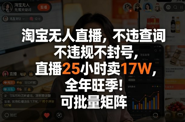 淘宝无人直播，不违规不封号，直播25小时卖17W，全年旺季！可批量矩阵【揭秘】-九九网创
