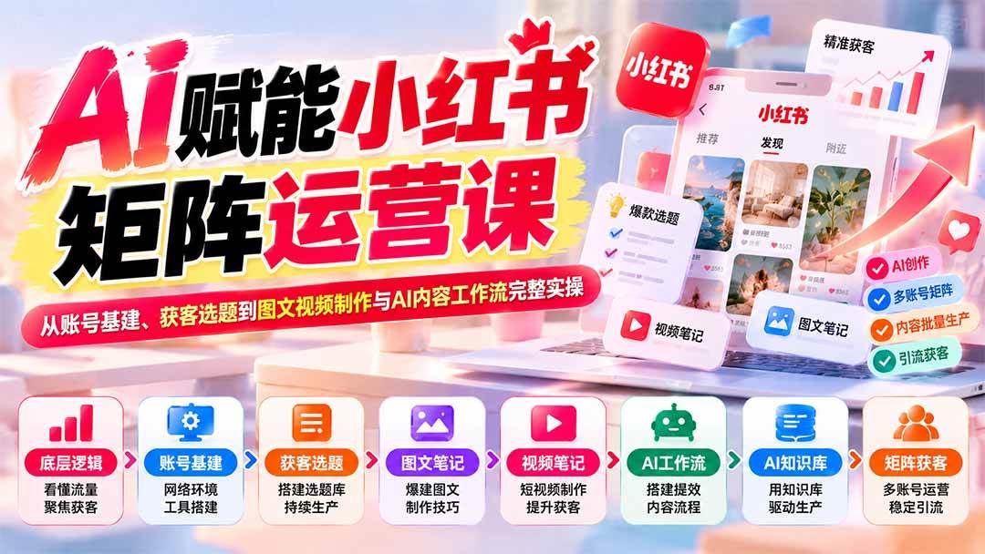 （20822期）AI赋能小红书矩阵运营课：从账号基建、获客选题到图文视频制作与AI内容工作流完整实操-九九网创