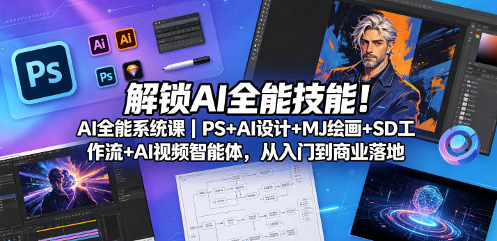 解锁AI全能技能！AI全能系统课｜PS+AI设计+MJ绘画+SD工作流+AI视频智能体，从入门到商业落地-九九网创