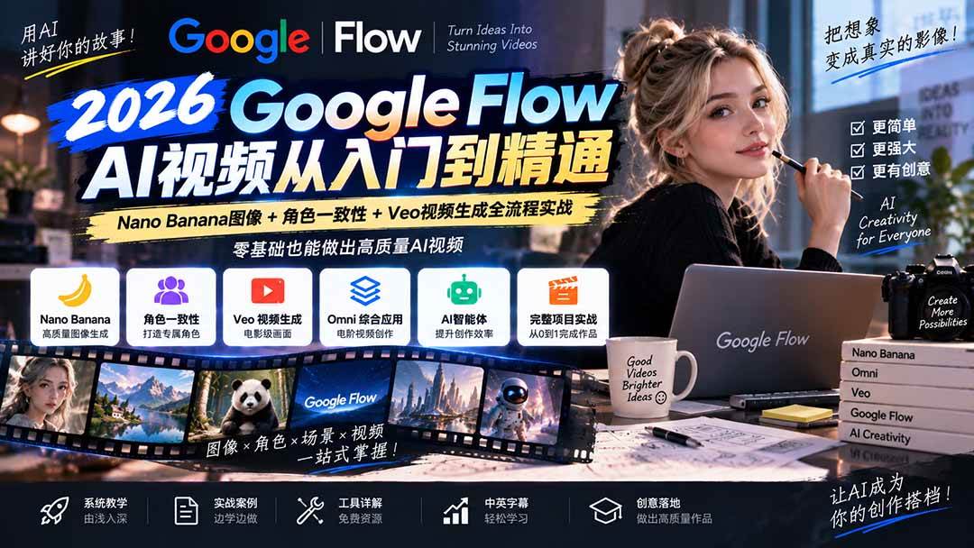（20608期）【无水印】Google Flow AI视频从入门到精通：Nano Banana图像+角色一致性+Veo视频生成全流程实战-精翻中英字幕-九九网创
