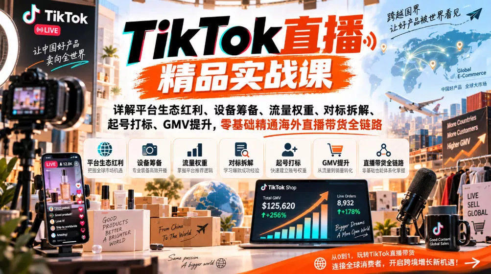 TikTok直播精品实战课，详解平台生态红利、设备筹备、流量权重、对标拆解、起号打标、GMV提升，零基础精通海外直播带货全链路-九九网创
