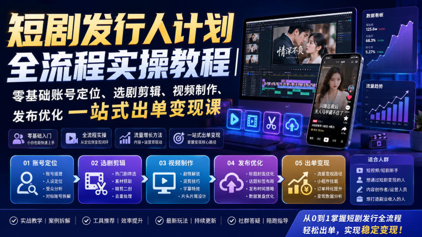 短剧发行人计划全流程实操教程｜零基础账号定位、选剧剪辑、视频制作、发布优化一站式出单变现课-九九网创