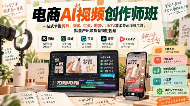 电商AI视频创作师班，一站式掌握剪映、海螺、可灵、即梦、LibTV等多款AI视频工具，批量产出带货营销短视频-九九网创