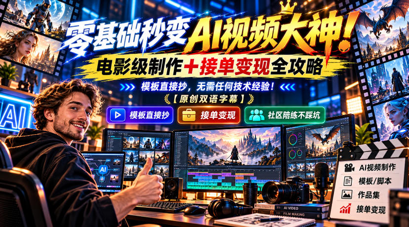 零基础秒变AI视频大神！电影级制作+接单变现全攻略，模板直接抄，无需任何技术经验！【原创双语字幕】-九九网创