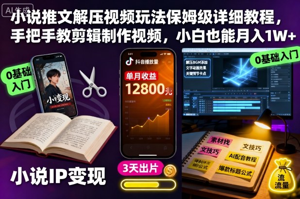 小说推文解压视频玩法保姆级详细教程,手把手教剪辑制作视频,小白也能月入1W+-九九网创