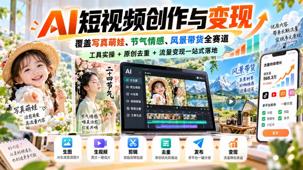 AI短视频创作与变现，覆盖写真萌娃、节气情感、风景带货全赛道，工具实操+原创去重+流量变现一站式落地-九九网创