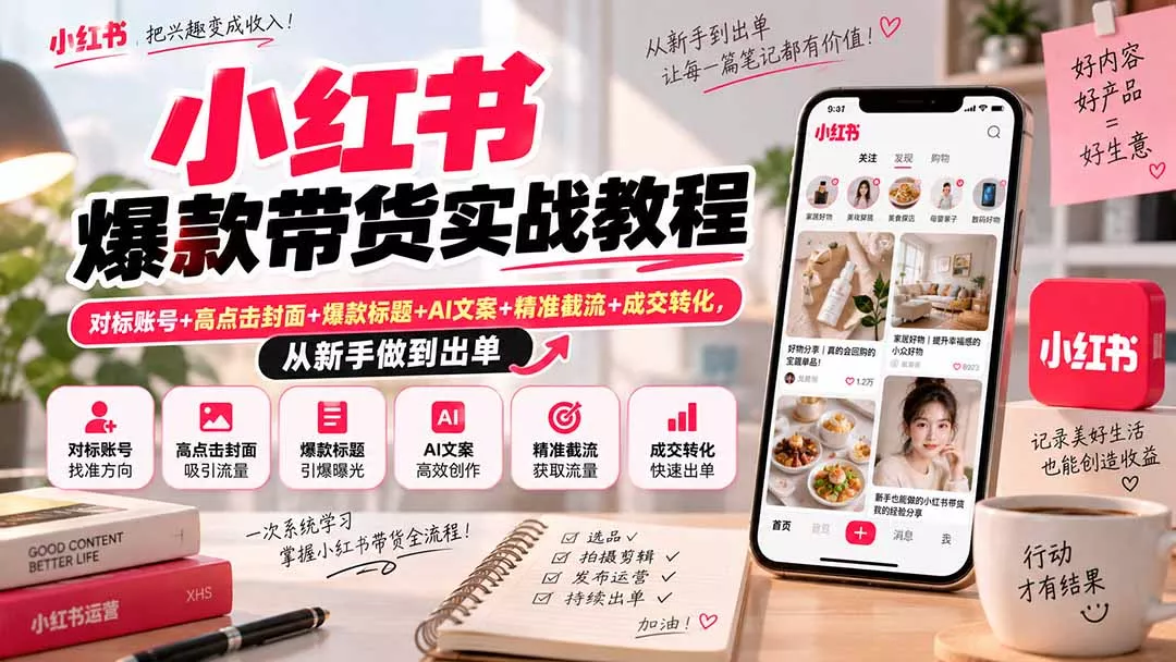 小红书爆款带货实战教程｜对标账号+高点击封面+爆款标题+AI文案+精准截流+成交转化，从新手做到出单-九九网创