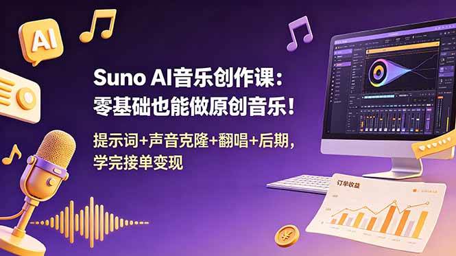 （18945期） Suno AI音乐创作课：零基础也能做原创音乐！提示词+声音克隆+翻唱+后期，学完接单变现-九九网创