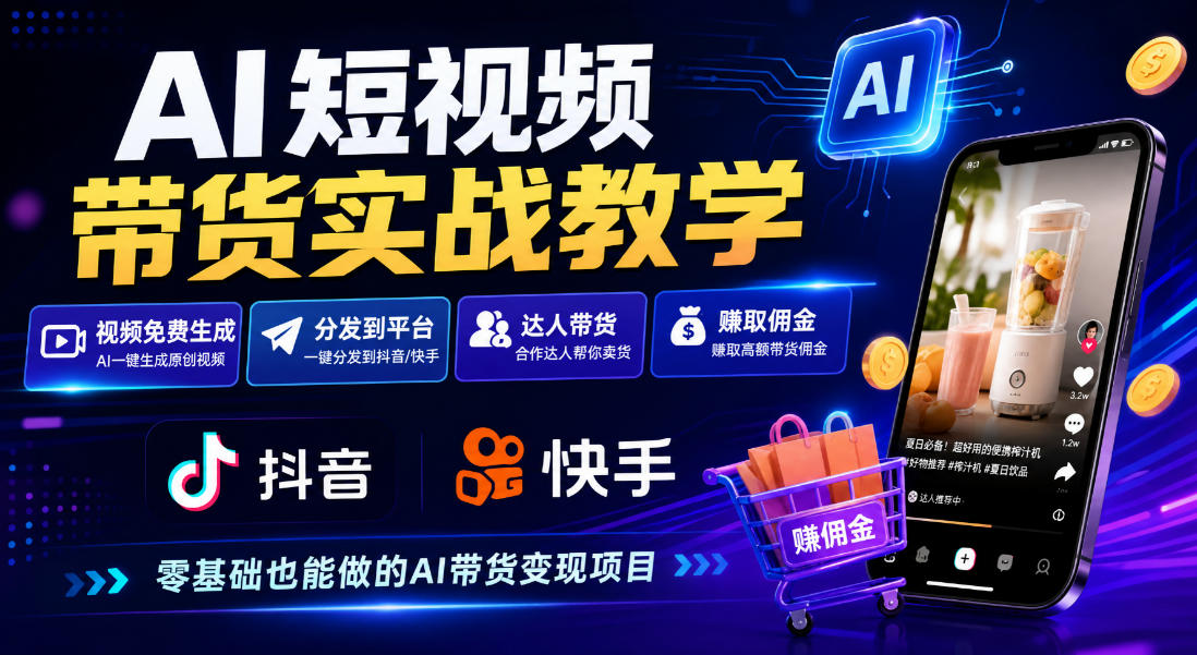 AI短视频带货实战教学，视频免费生成，分发到抖音快手平台，达人带货賺佣金-九九网创
