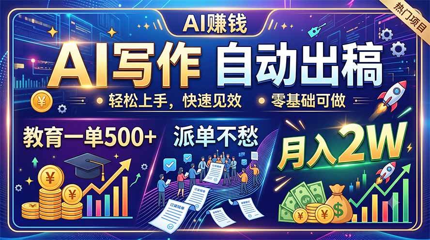 （19614期）AI写作自动出稿，教育一单500+，派单不愁，月入2W-九九网创