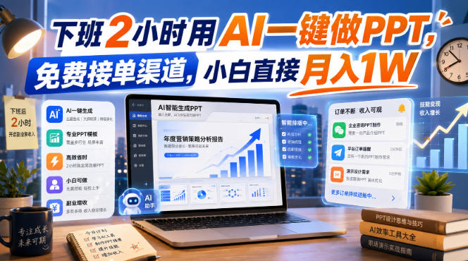 下班2小时用AI一键做PPT，免费接单渠道，小白直接月入1W【揭秘】-九九网创