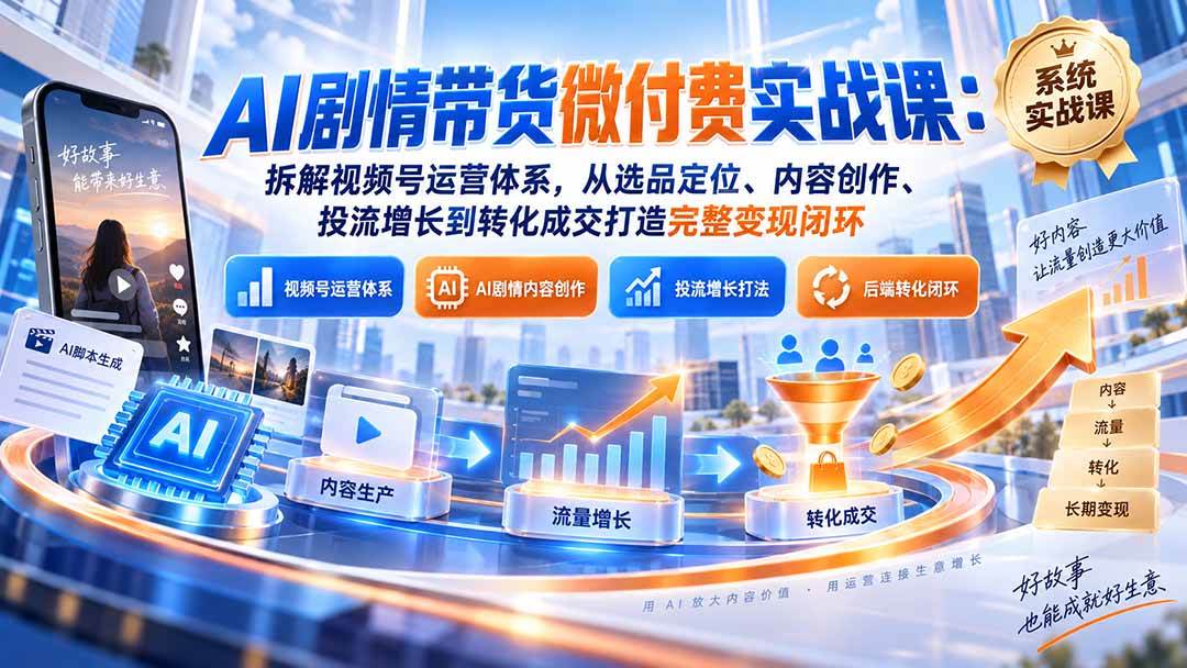 （20611期）AI剧情带货微付费实战课：拆解视频号运营体系，从选品定位、内容创作、投流增长到转化成交打造完整变现闭环-九九网创