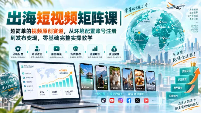 出海短视频矩阵课｜超简单的视频原创赛道，从环境配置账号注册到发布变现，零基础完整实操教学-九九网创