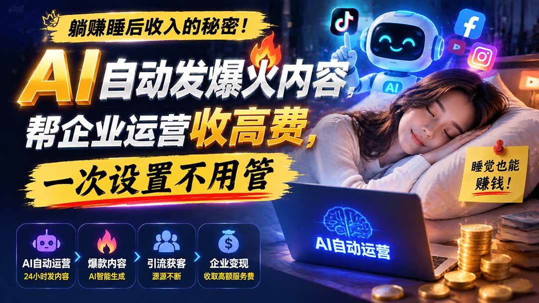 （19826期）躺赚睡后收入的秘密！AI 自动发爆火内容，帮企业运营收高费，一次设置不用管【原创双语字幕】-九九网创