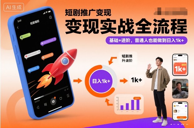 短剧推广变现实战全流程，基础+进阶，普通人也能做到日入1k+-九九网创