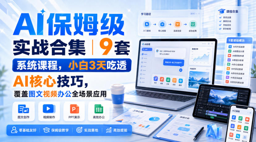 AI保姆级实战合集｜9套系统课程，小白3天吃透AI核心技巧，覆盖图文视频办公全场景应用-九九网创