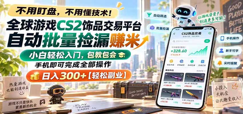 全球游戏CS2饰品交易平台自动批量捡漏赚米，手机即可完成全部操作，日入300+-九九网创