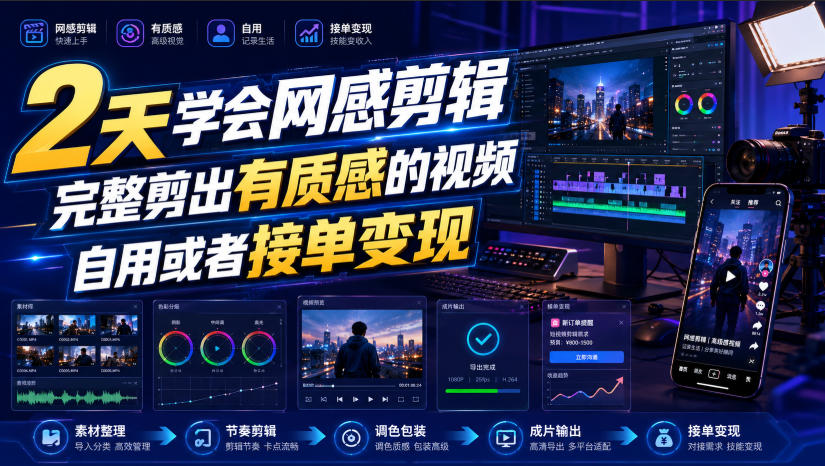 2天学会网感剪辑，完整剪出有质感的视频，自用或者接单变现-九九网创