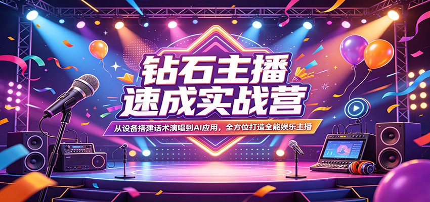 钻石主播速成实战营：从设备搭建话术演唱到AI应用，全方位打造全能娱乐主播-九九网创