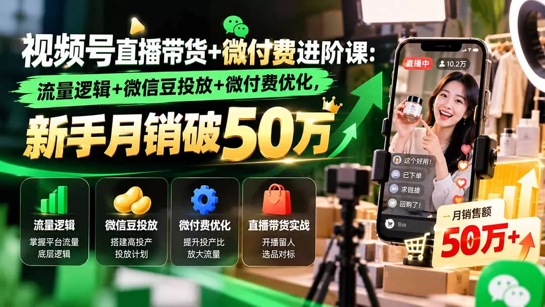 视频号直播带货+微付费进阶课-更新1010：流量逻辑+微信豆投放+微付费优化，新手月销破50万-九九网创