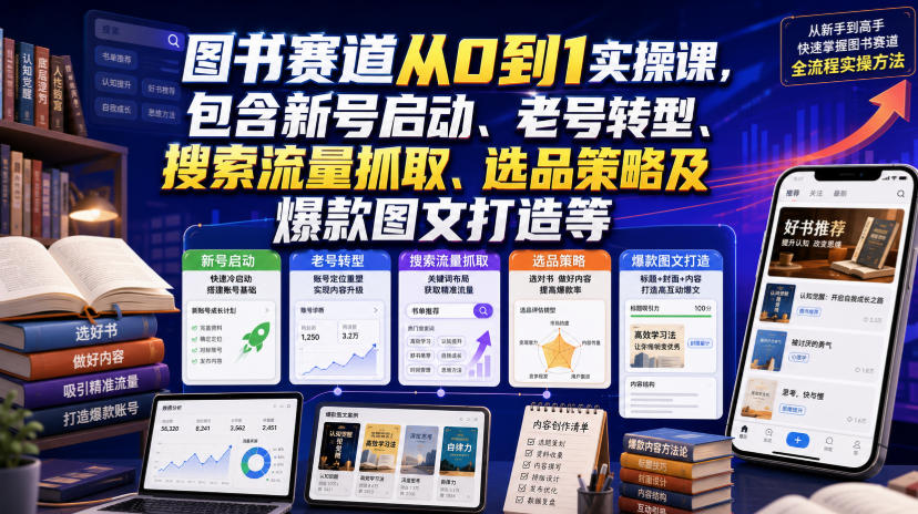 图书赛道从0到1实操课，包含新号启动、老号转型、搜索流量抓取、选品策略及爆款图文打造等-九九网创