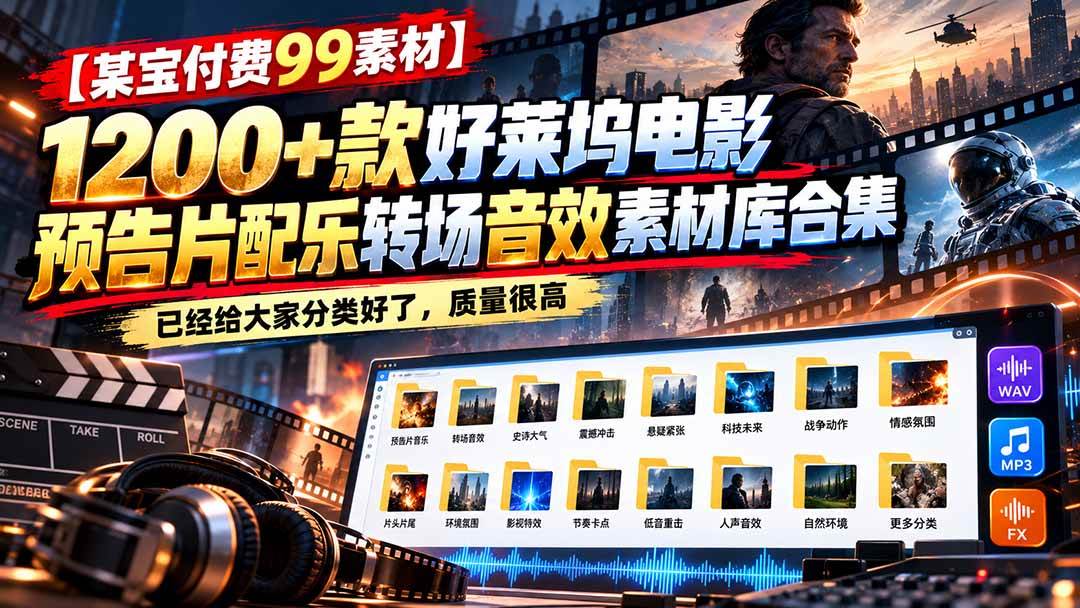 (20797期)【某宝付费99素材】1200+款好莱坞电影预告片配乐转场音效素材库合集 (20797期)【某宝付费99素材】1200+款好莱坞电影预告片配乐转场音效素材库合集