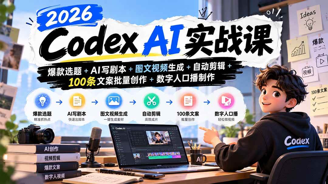 （20899期）2026Codex AI实战课：爆款选题+AI写剧本+图文视频生成+自动剪辑+100条文案批量创作+数字人口播制作-九九网创
