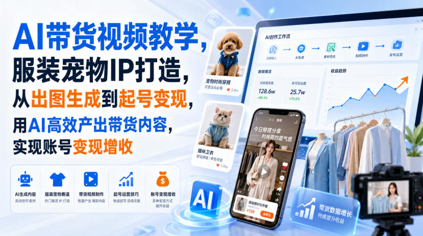 AI带货视频教学，服装宠物IP打造，从出图生成到起号变现，用AI高效产出带货内容，实现账号变现增收-九九网创