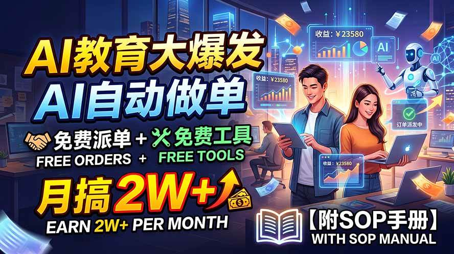（19731期）AI教育大爆发，AI自动做单，免费派单+免费工具，月搞2W+【附SOP手册】-九九网创
