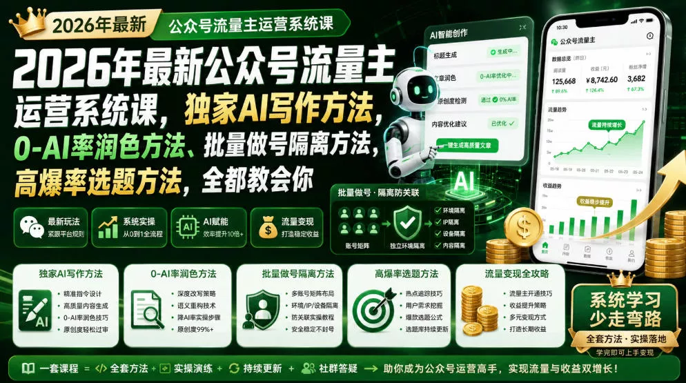 2026年最新公众号流量主运营系统课，独家AI写作方法，0-AI率润色方法、批量做号隔离方法、高爆率选题方法，全都教会你(更新1009)-九九网创