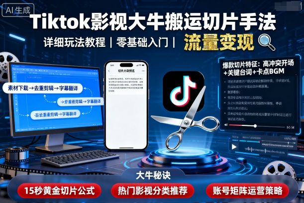 Tiktok影视大牛搬运切片手法，详细玩法教程-九九网创