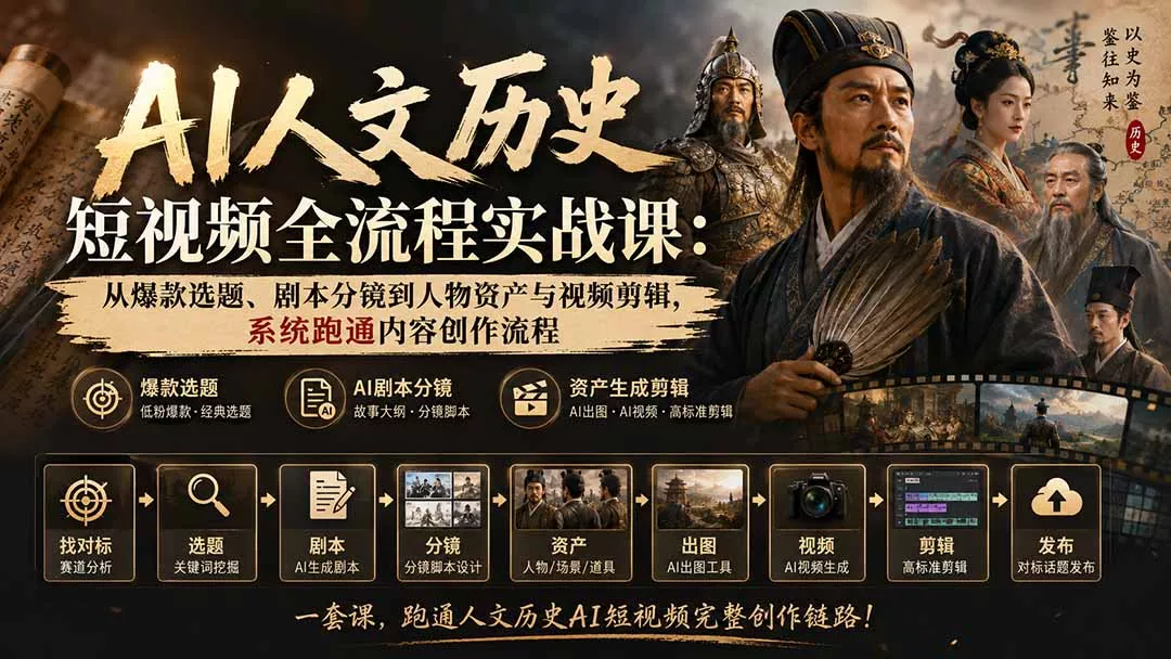 AI人文历史短视频全流程实战课-更新：从爆款选题、剧本分镜到人物资产与视频剪辑，系统跑通内容创作流程-九九网创