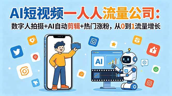 （18864期）AI短视频一人流量公司：数字人拍摄+AI自动剪辑+热门涨粉，从0到1流量增长-九九网创