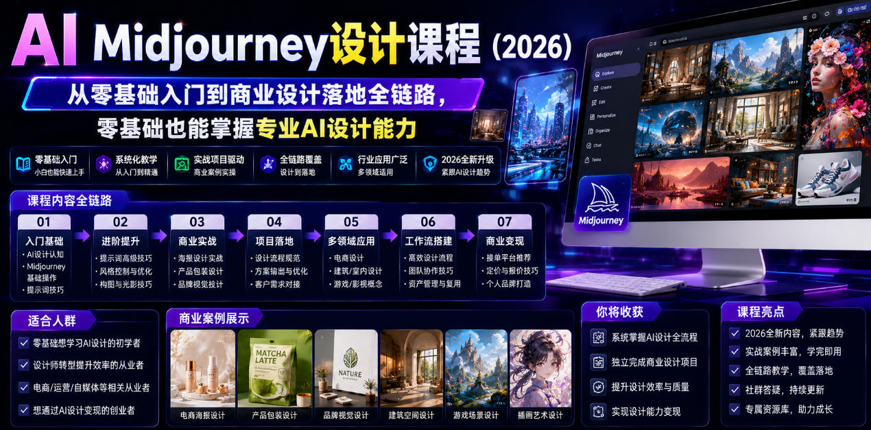 AI Midjourney设计课程（2026），从零基础入门到商业设计落地全链路，零基础也能掌握专业AI设计能力（更新0913）-九九网创