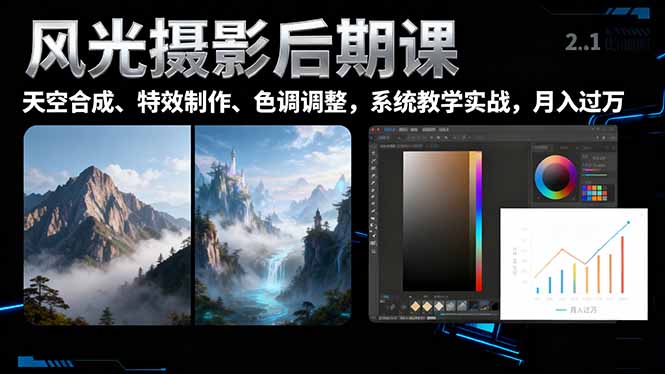 风光摄影后期课，一键换天空合成、特效制作、色调调整，月入过万-九九网创