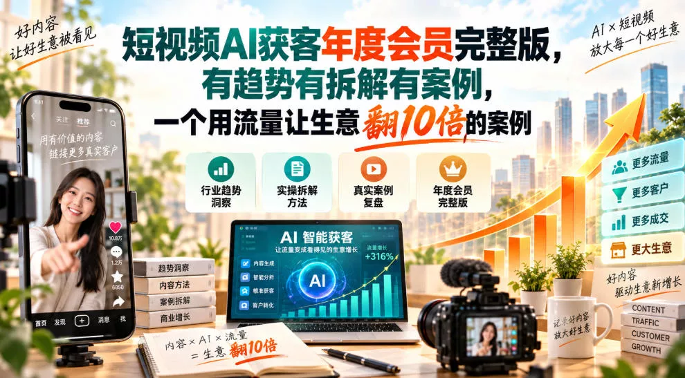 短视频AI获客年度会员完整版，有趋势有拆解有案例，一个用流量让生意翻10倍的案例-九九网创