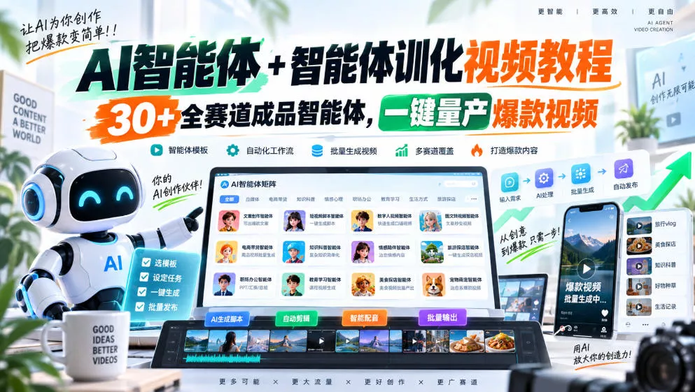 AI智能体+智能体训化视频教程，30+全赛道成品智能体，一键量产爆款视频-九九网创