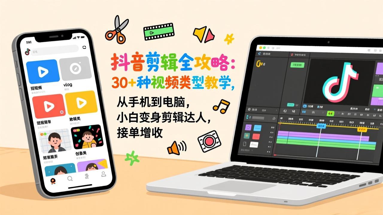 抖音剪辑全攻略:30+种视频类型教学,从手机到电脑,小白变身剪辑达人,接单增收-九九网创