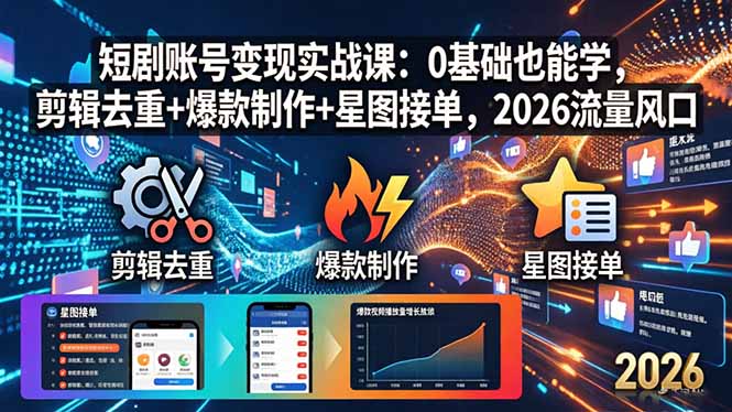 短剧账号变现实战课：0基础也能学，剪辑去重+爆款制作+星图接单，2026流量风口-九九网创