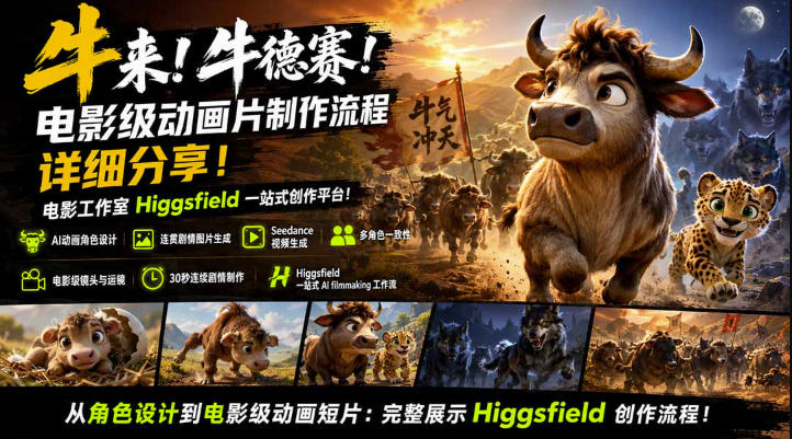 牛来！牛德赛！电影级动画片制作流程详细分享！电影工作室Higgsfield一站式创作平台，完整创作流程-九九网创