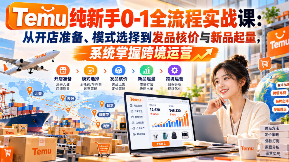 【无水印】Temu纯新手0-1全流程实战课：从开店准备、模式选择到发品核价与新品起量，系统掌握跨境运营-九九网创
