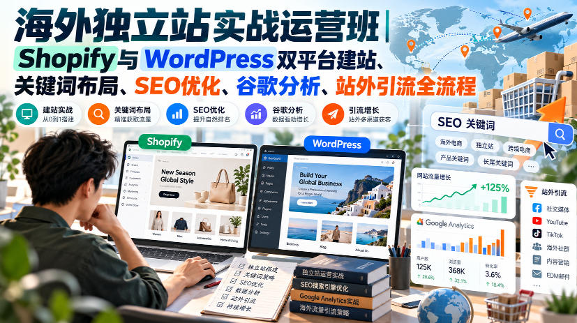 海外独立站实战运营班｜Shopify与WordPress双平台建站、关键词布局、SEO优化、谷歌分析、站外引流全流程-九九网创