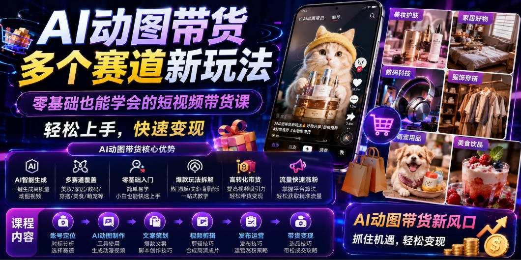 AI动图带货多个赛道新玩法,零基础也能学会的短视频带货课,轻松上手,快速变现-九九网创