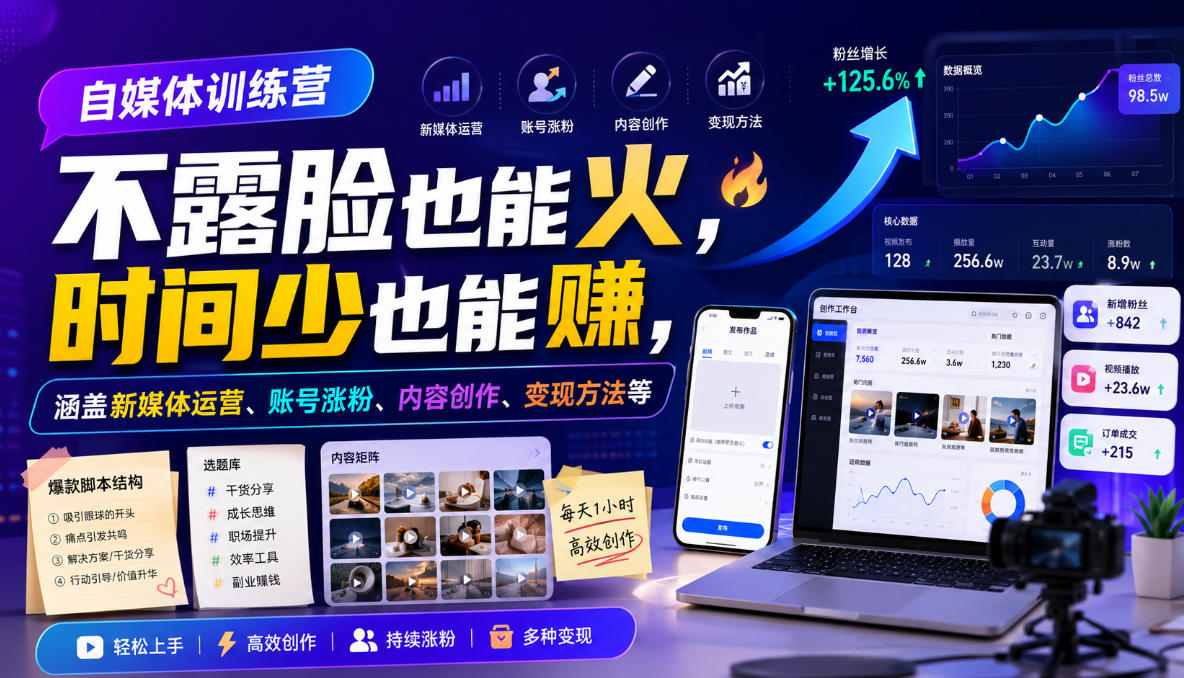 自媒体训练营，不露脸也能火，时间少也能賺，涵盖新媒体运营、账号涨粉、内容创作、变现方法等-九九网创