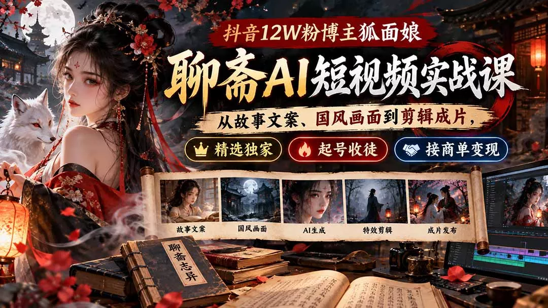 抖音12W粉博主狐面娘-聊斋AI短视频实战课：从故事文案、国风画面到剪辑成片，精选独家+起号收徒+接商单变现-九九网创