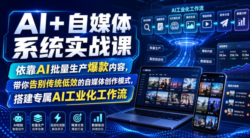 AI+自媒体系统实战课，依靠AI批量生产爆款内容，带你告别传统低效的自媒体创作模式，搭建专属AI工业化工作流-九九网创