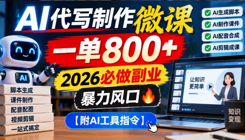 AI代写制作微课，一单800+，2026必做副业，暴力风口【附AI工具指令】【揭秘】-九九网创