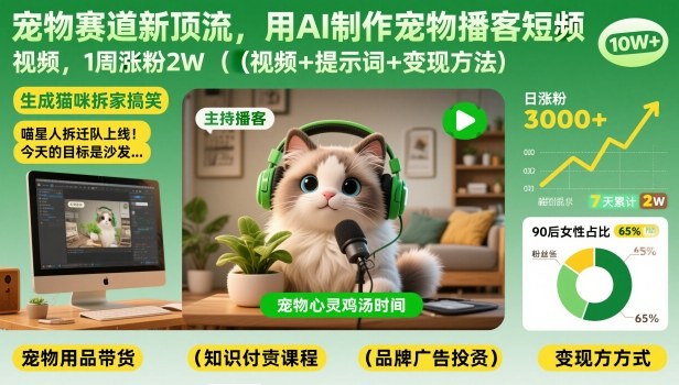 宠物赛道新顶流，用AI制作宠物播客短视频，1周涨粉2W(视频+提示词+变现方法)-九九网创