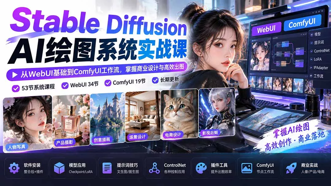 【无水印】Stable Diffusion AI绘图系统实战课：从WebUI基础到ComfyUI工作流，掌握商业设计与高效出图-九九网创