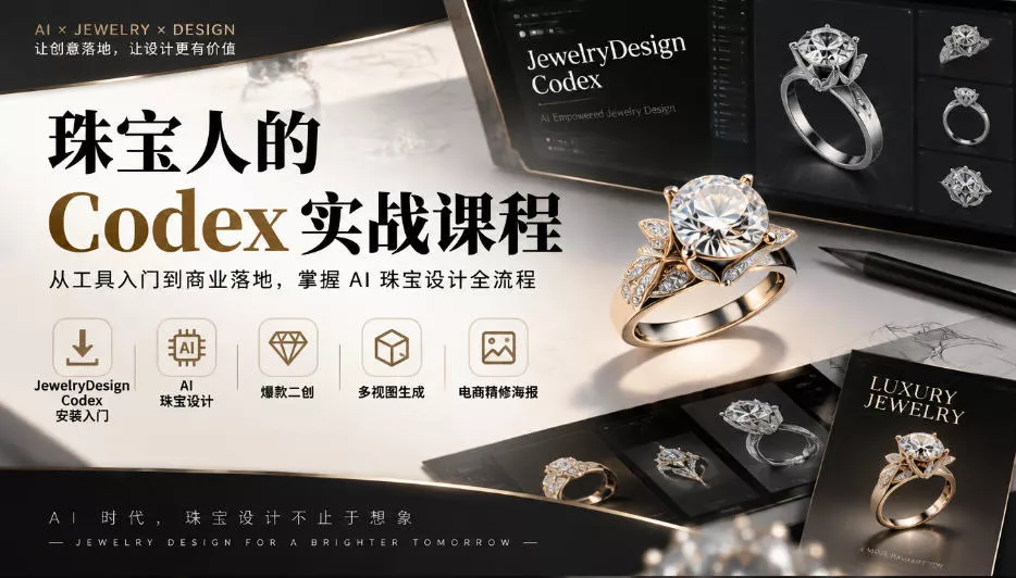 珠宝人的Codex实战课程｜JewelryDesign Codex安装入门、AI珠宝设计、爆款二创、多视图生成、电商精修海报全链路教学-九九网创